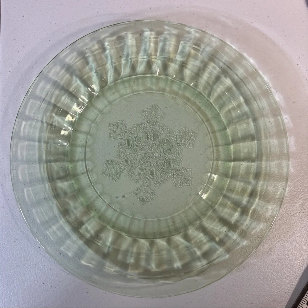 Jeannette Uranium Glass 4pc Snowflake Block Optic Dinner Plates 1930-36 USA 9